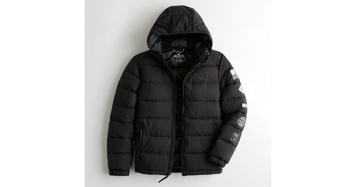 recycled fill hooded puffer jacket hollister