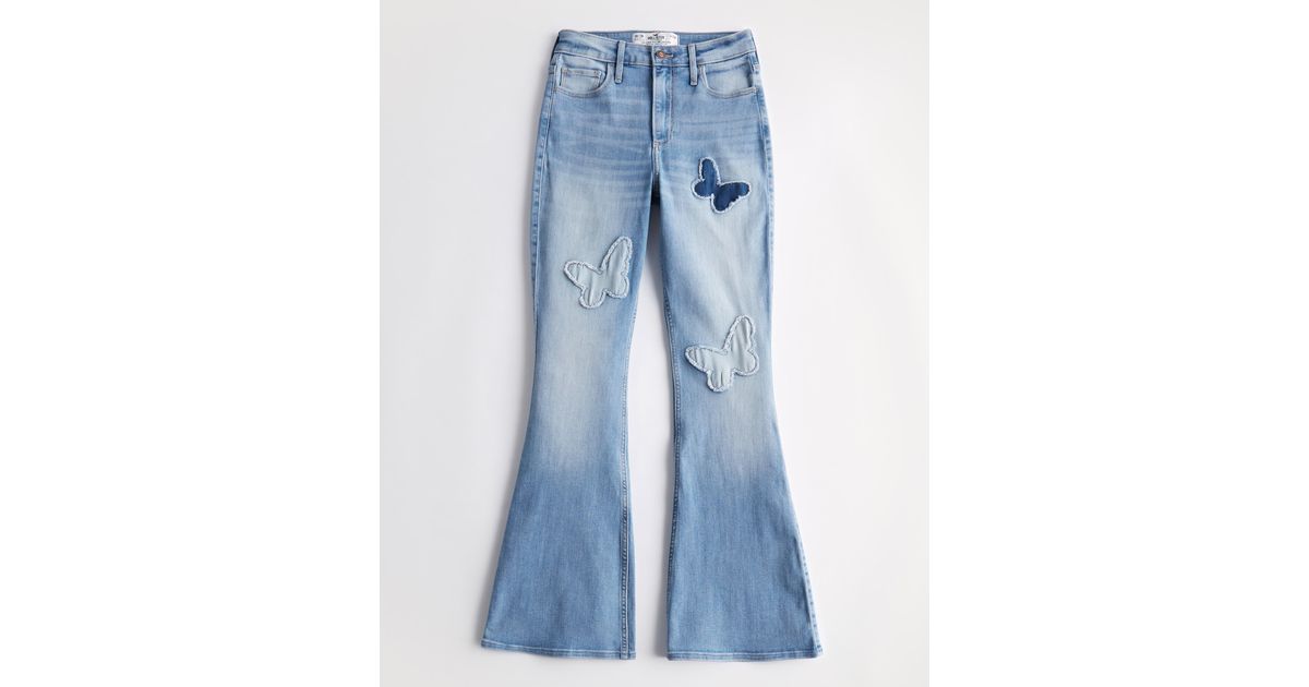 Hollister Curvy High-rise Medium Wash Butterfly Patch Flare Jeans in Blue