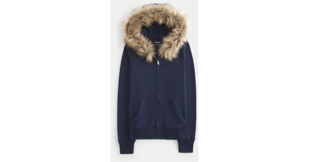 Hollister Faux Fur Trim Zip-up Hoodie in Blue | Lyst UK