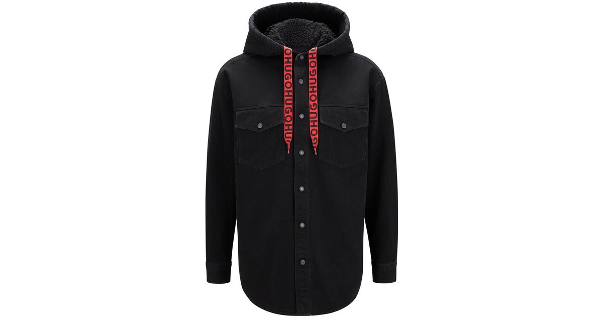 HUGO Oversizedfit Denim Overshirt With Teddylined Hood in Black for Men Lyst Canada