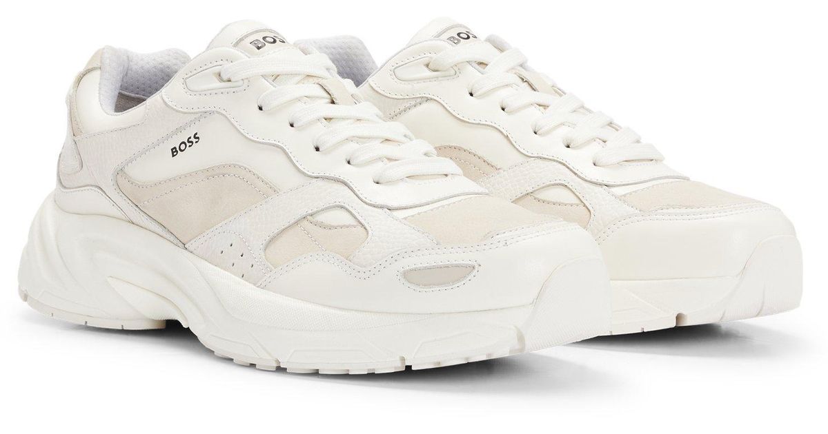 Boss White Running inspired Trainers In Mixed Leathers for men