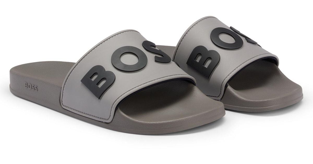 BOSS Italianmade Slides With Raised Contrast Logo in Grey for Men