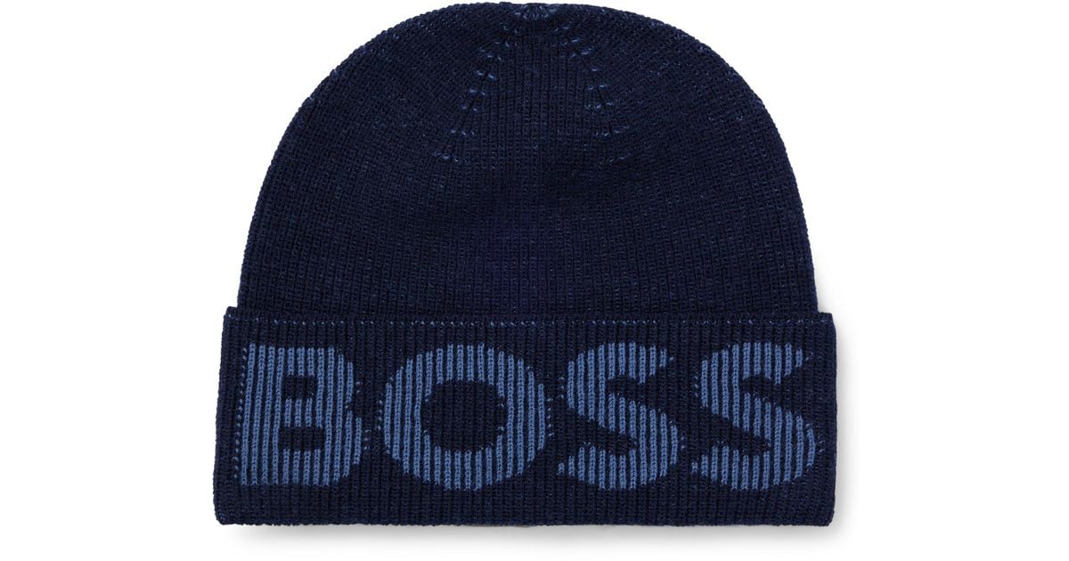 BOSS by HUGO BOSS Beanie Hat In Wool With Structured Logo in Blue for