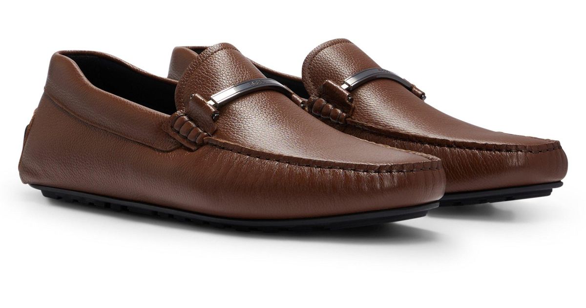 BOSS by HUGO BOSS Grained-leather Moccasins With Branded Trim in Brown ...