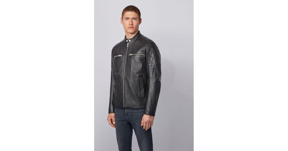 BOSS by Hugo Boss Slim Fit Biker Jacket In Leather With Quilted Details ...