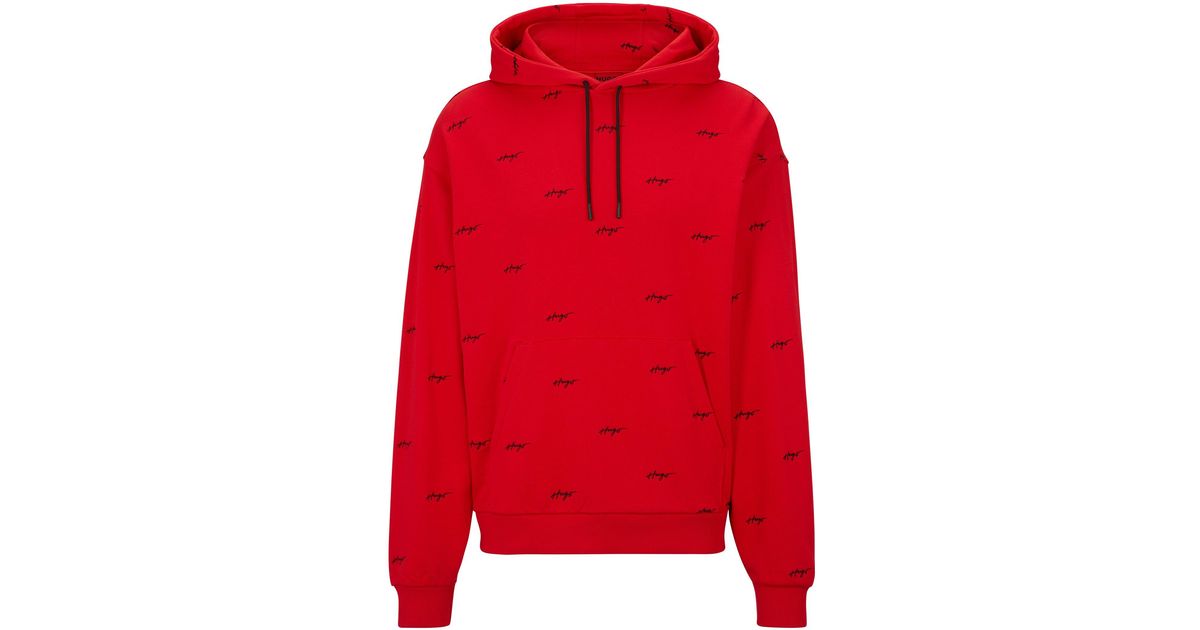HUGO Relaxedfit Hoodie In Cotton Terry With Handwritten Logos in Red