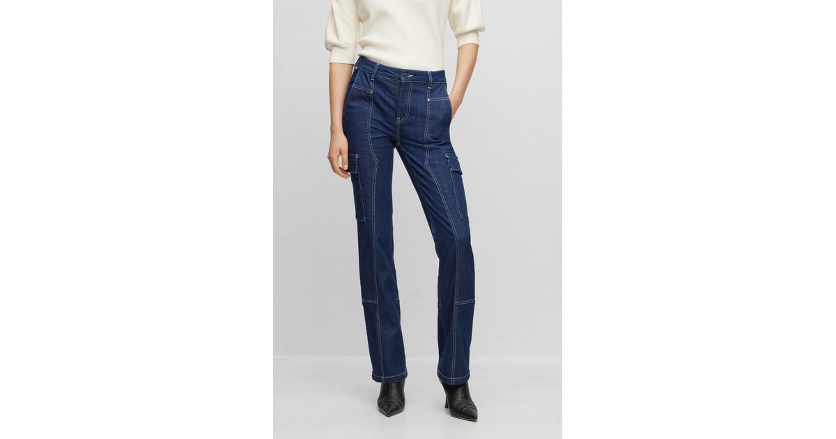 BOSS High-waisted Jeans In Blue Denim With Utilitarian Details