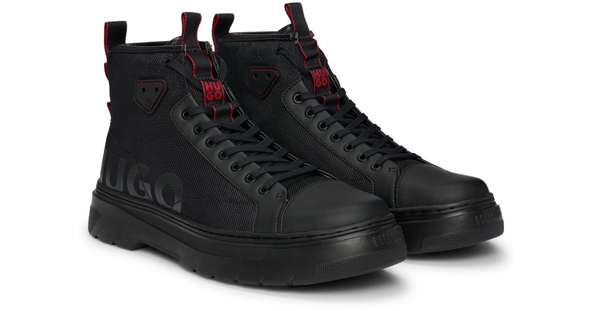 HUGO Lace-up Boots With Gloss-effect Logo in Black for Men 