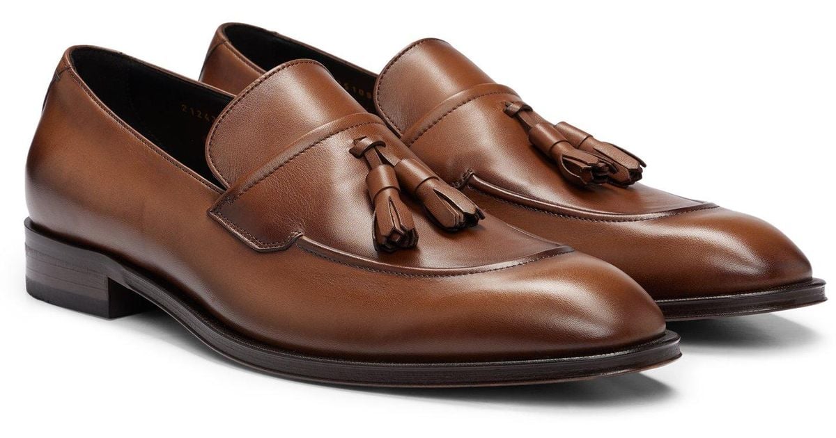 Boss Hugo Boss Tasseled Calfskin Leather‎ Slip-On Loafers Brown Mens Size 8.5 US BOSS Suede Slip-On Loafers With Tassel Trim in Brown for Men  main image 3