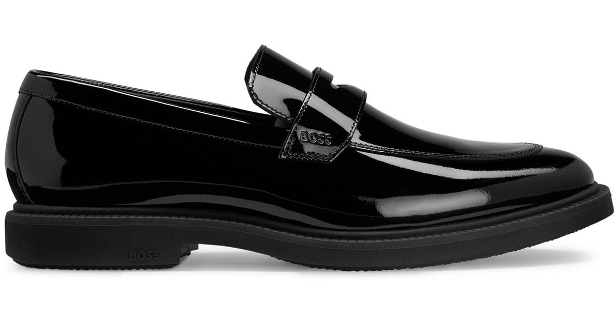 BOSS by HUGO BOSS Patent-leather Loafers Black-and-gold Logo Detail Men | Lyst