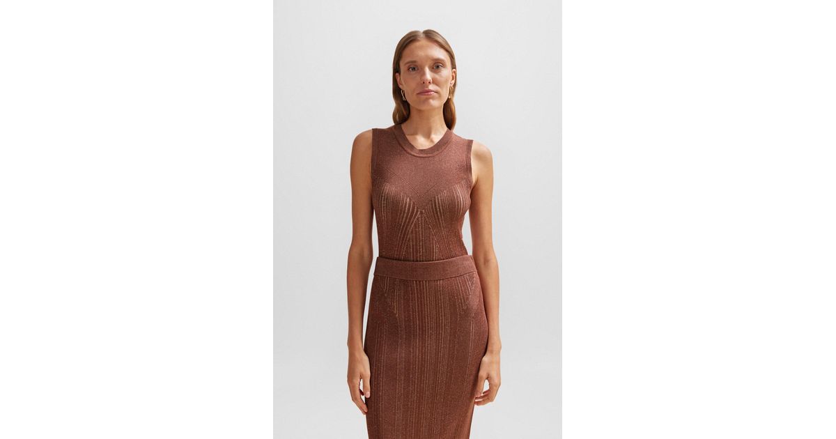 BOSS Sleeveless Knitted Top With Ribbed Structure in Brown