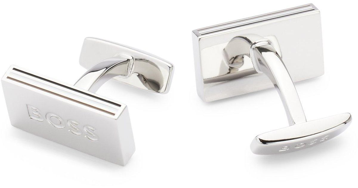 BOSS Rectangular Logoengraved Brass Cufflinks With Signaturestripe
