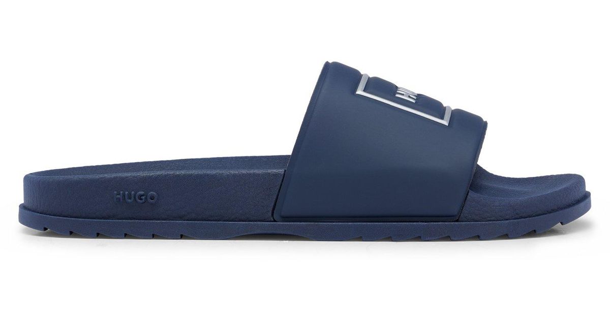 HUGO Slides With Wide Strap And Metallic Framed Logo in Blue for Men ...