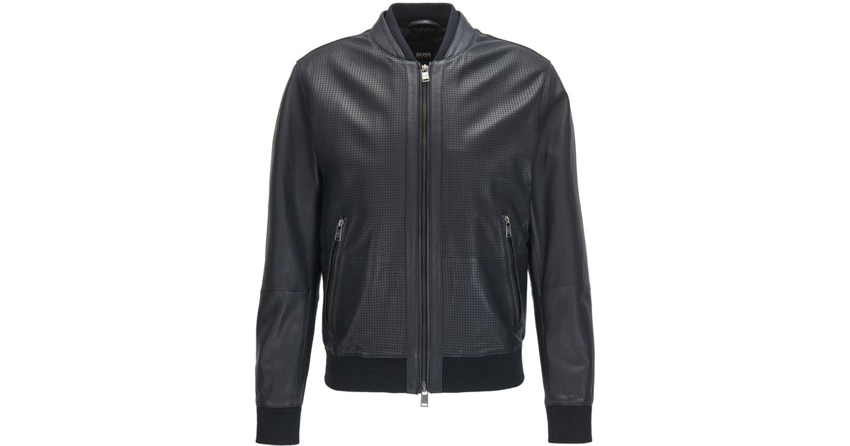 BOSS by Hugo Boss Bomber Jacket In Perforated Leather in Dark Blue (Blue)  for Men - Lyst