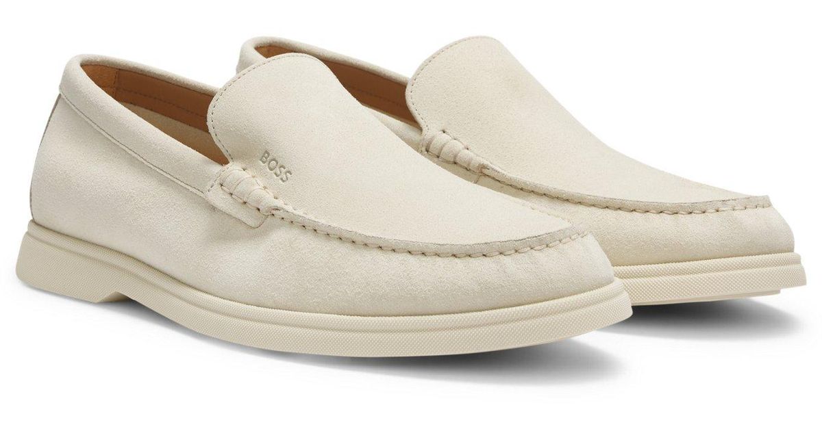 BOSS Suede Loafers With Deed Logo in White for Men | Lyst UK