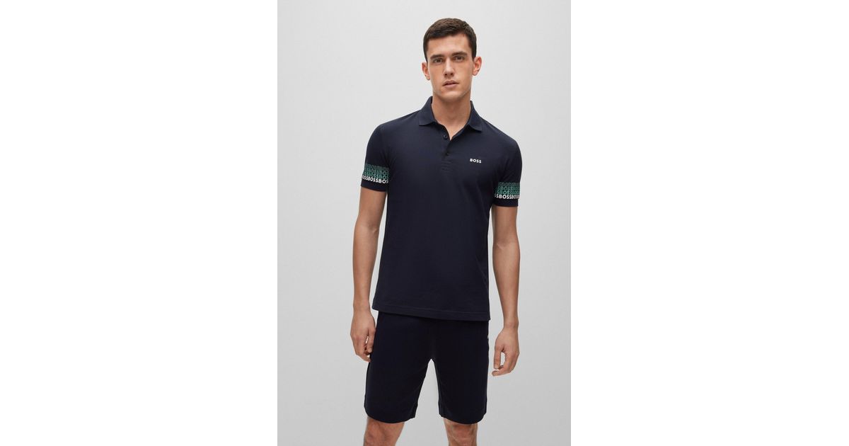 BOSS - Long-sleeved cotton-piqué polo shirt with contrast logo