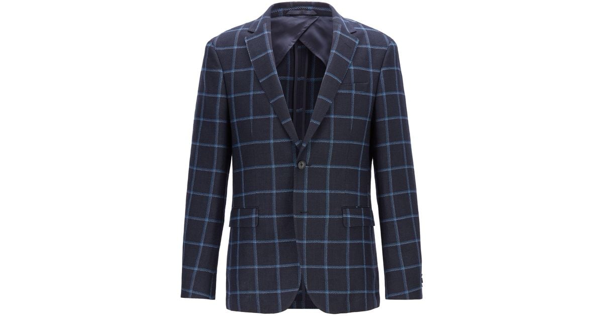 BOSS Plain-check Slim-fit Jacket In Virgin Wool With Linen in Dark Blue ...