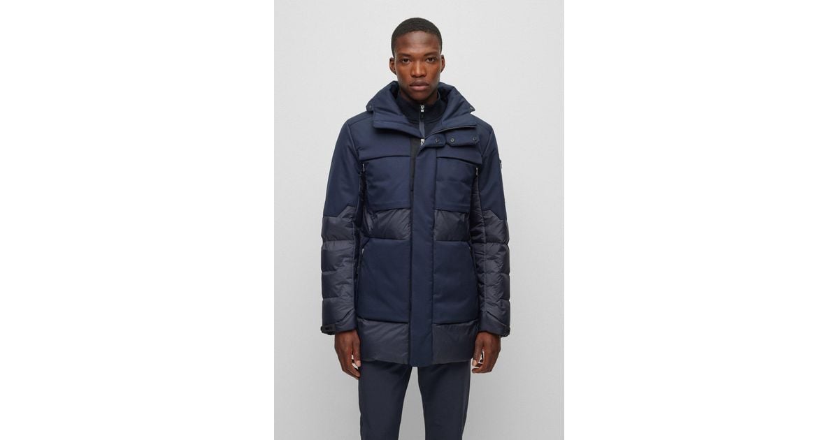 BOSS Mixed-material Down Jacket With Detachable Hood in Blue for