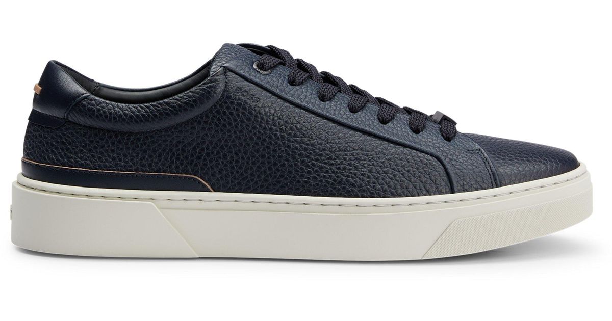 BOSS Grained-leather Trainers With Branded Lace Loop in Blue for Men | Lyst