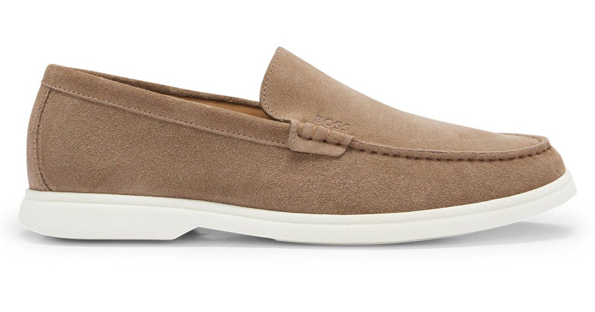 BOSS Suede Loafers With Emed Logo And Tpu Outsole in Brown for Men | Lyst