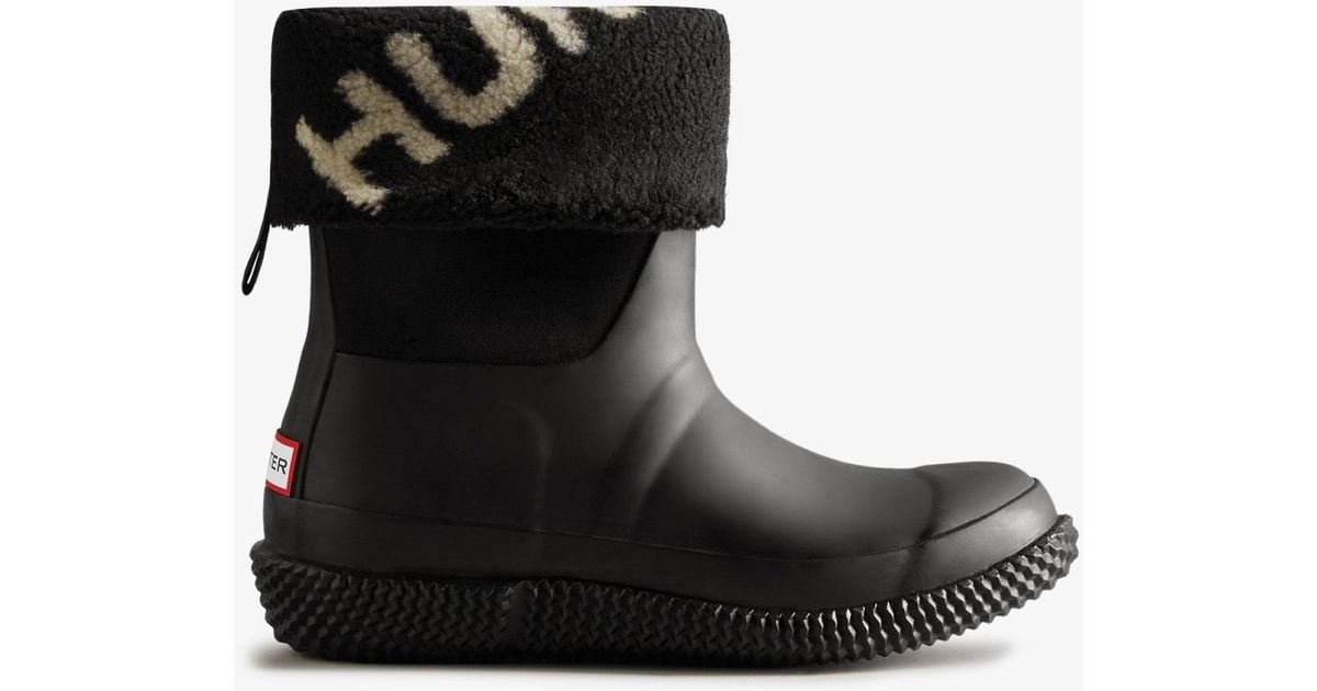 HUNTER Rubber Insulated Roll Top Logo Vegan Shearling Boots in White