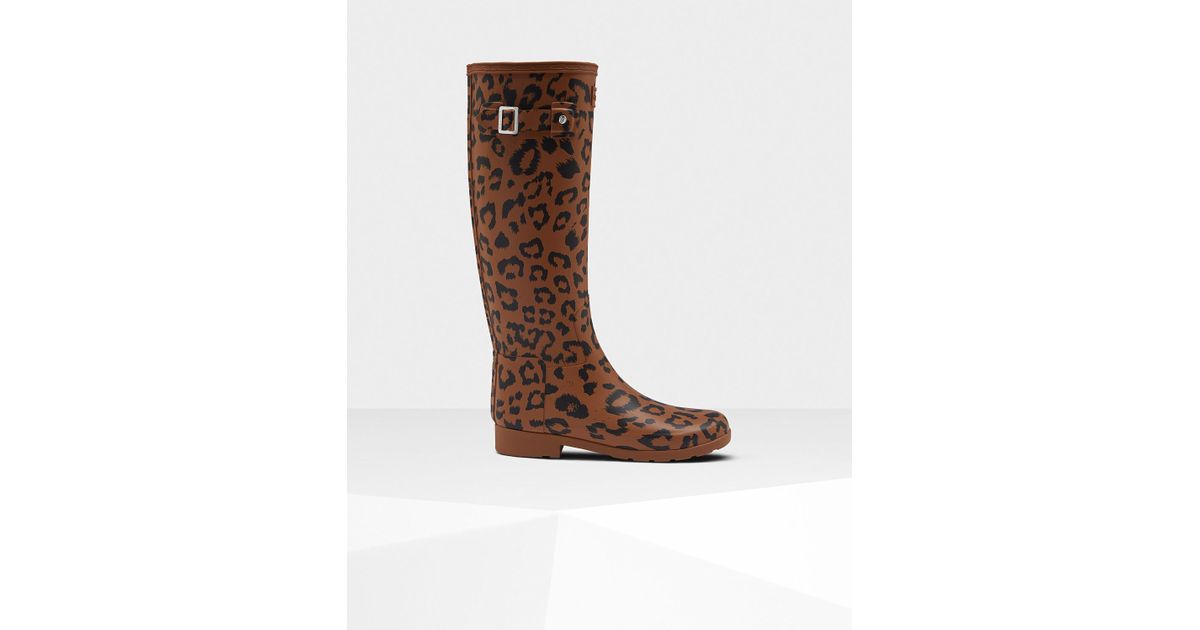 hunter original leopard print refined tall waterproof rain boot