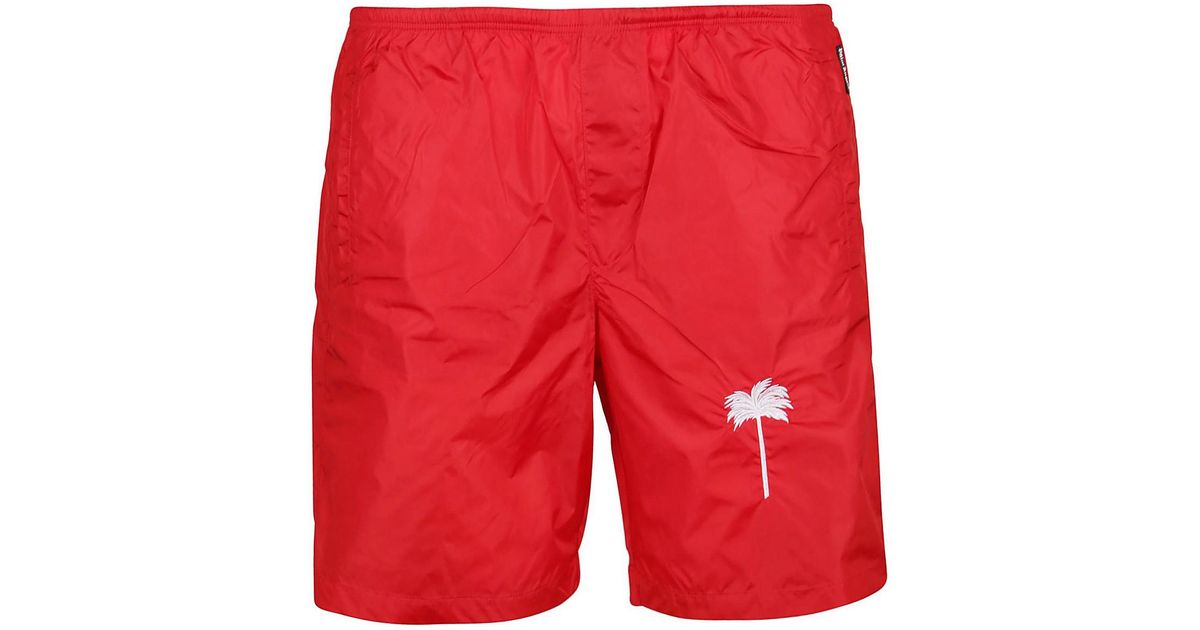 Palm Angels Synthetic Palm Print Nylon Swim Shorts in Red for Men - Lyst