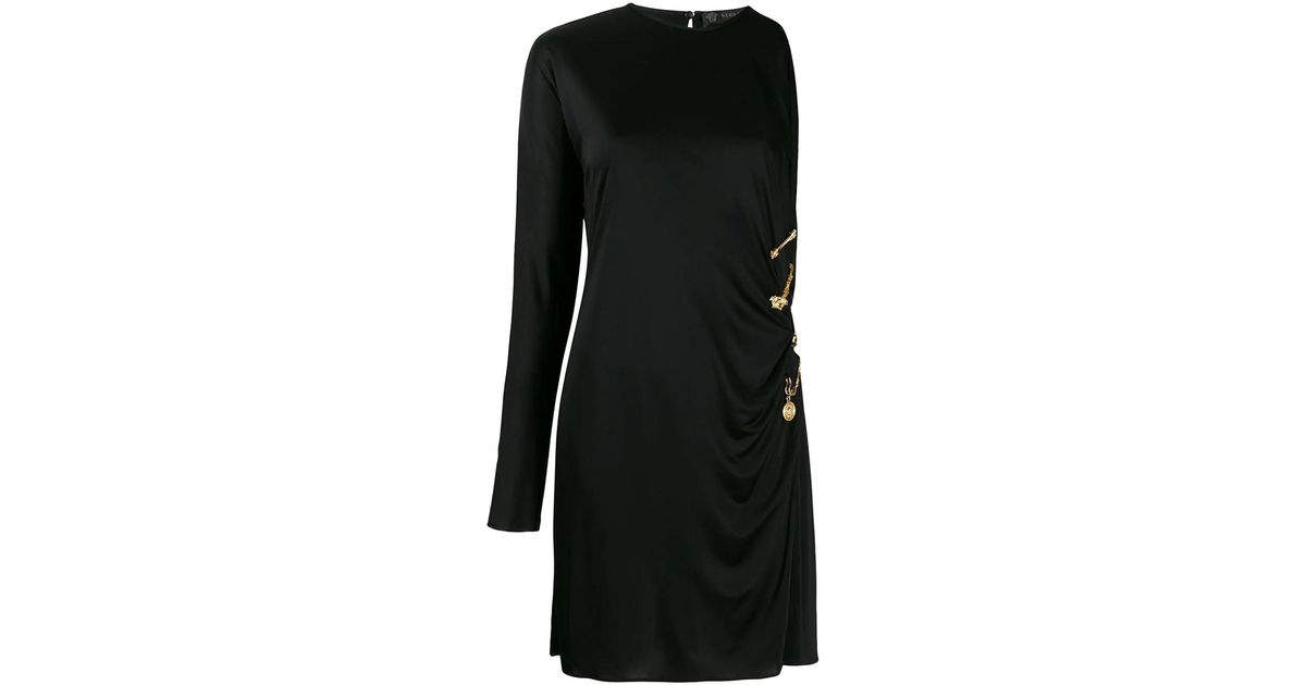 Versace Synthetic Goldtone Safety Pins Detailed Viscose Dress in Black