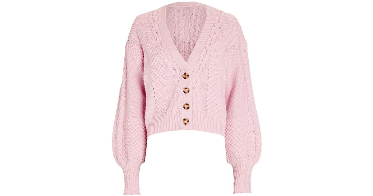 Intermix Wool Milana Cable Knit Vneck Cardigan in Pink Lyst