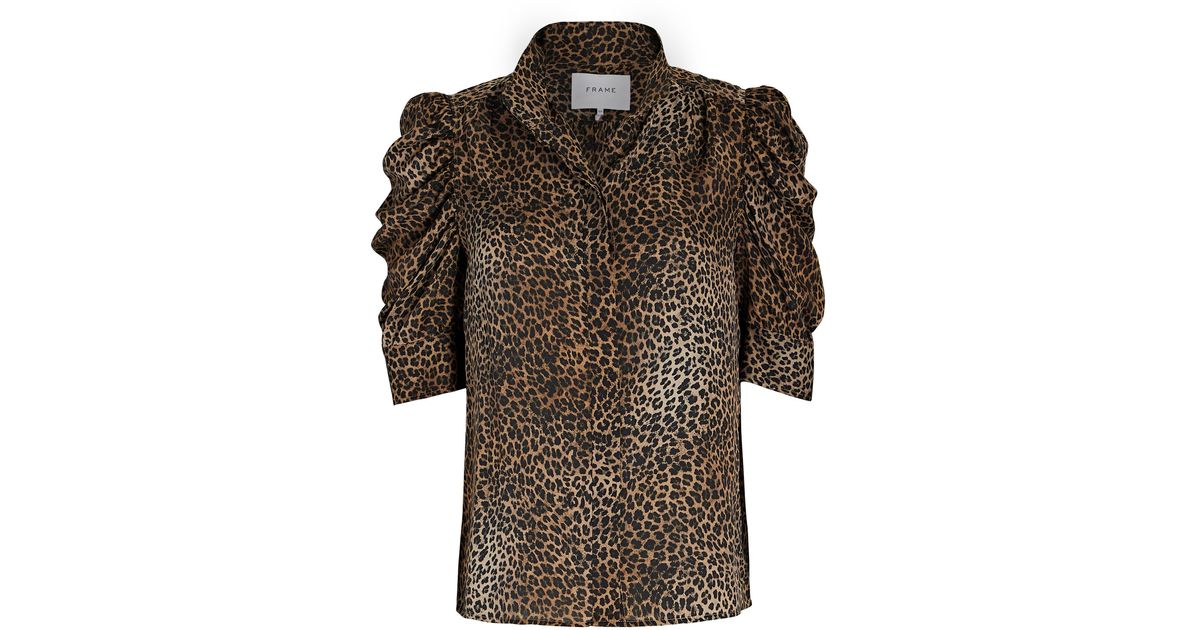 FRAME Gillian Puff Sleeve Leopard Silk Top in Brown | Lyst