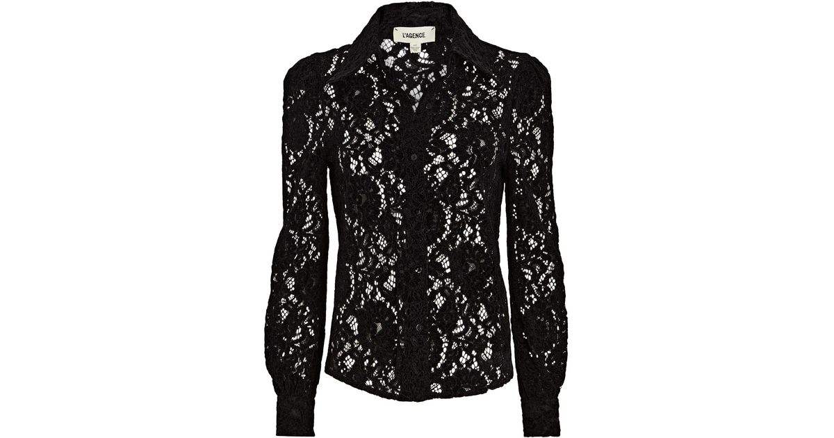 L'Agence Jenna Lace Button-down Blouse in Black | Lyst