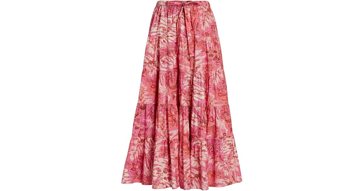 Ulla Johnson Makana Tiered Cotton Poplin Midi Skirt in Pink | Lyst