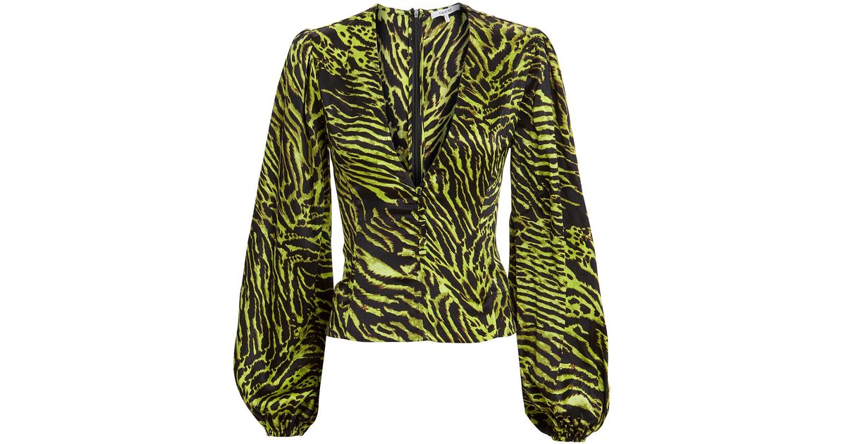 Ganni Silk Tiger-print Blouse in Green 