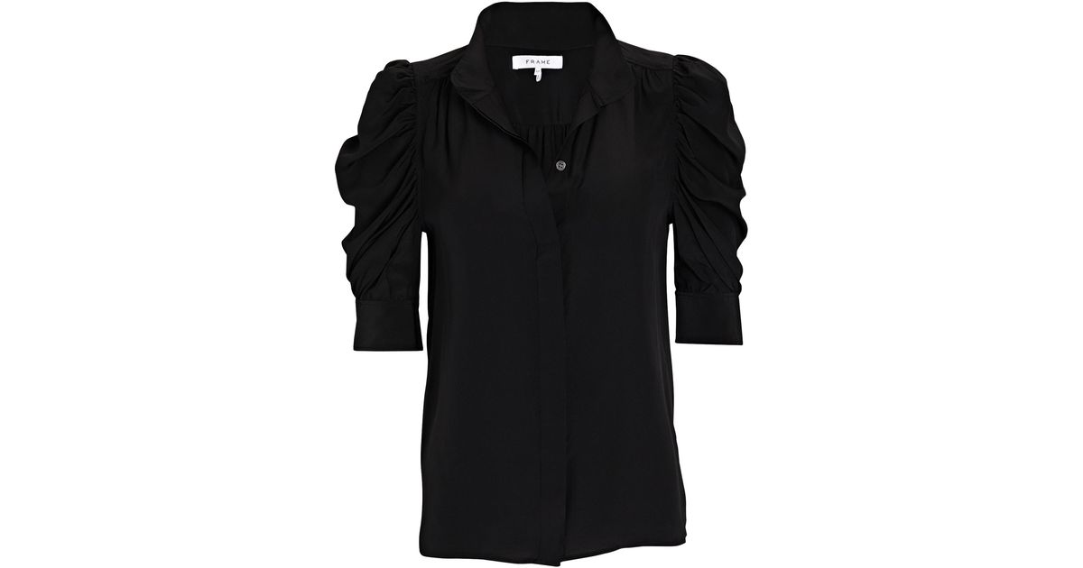 FRAME Gillian Puff Sleeve Silk Shirt in Black | Lyst