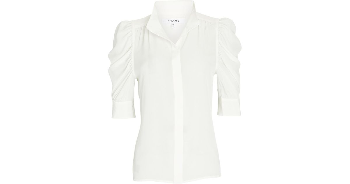 FRAME Gillian Puff Sleeve Silk Shirt in White | Lyst