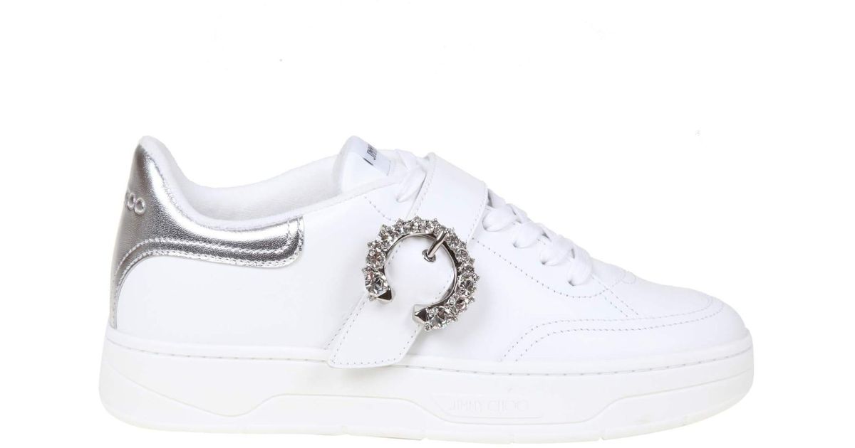 Jimmy Choo Leather Sneakers With Crystal Buckle in White - Lyst
