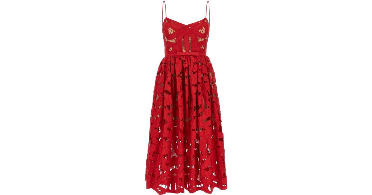 self portrait red embroidered midi dress Red Bow Embroidered Midi Dress – self-portrait-US main image 0