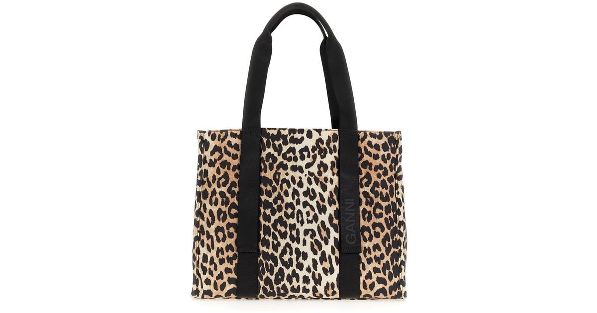 Ganni Medium Leopard Tote Bag in Black Lyst