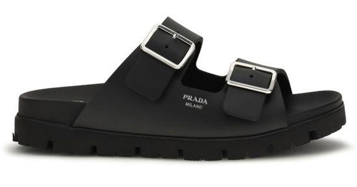Prada Black Calf Leather Bos Taurus Flat Sandals for Men  display picture 1