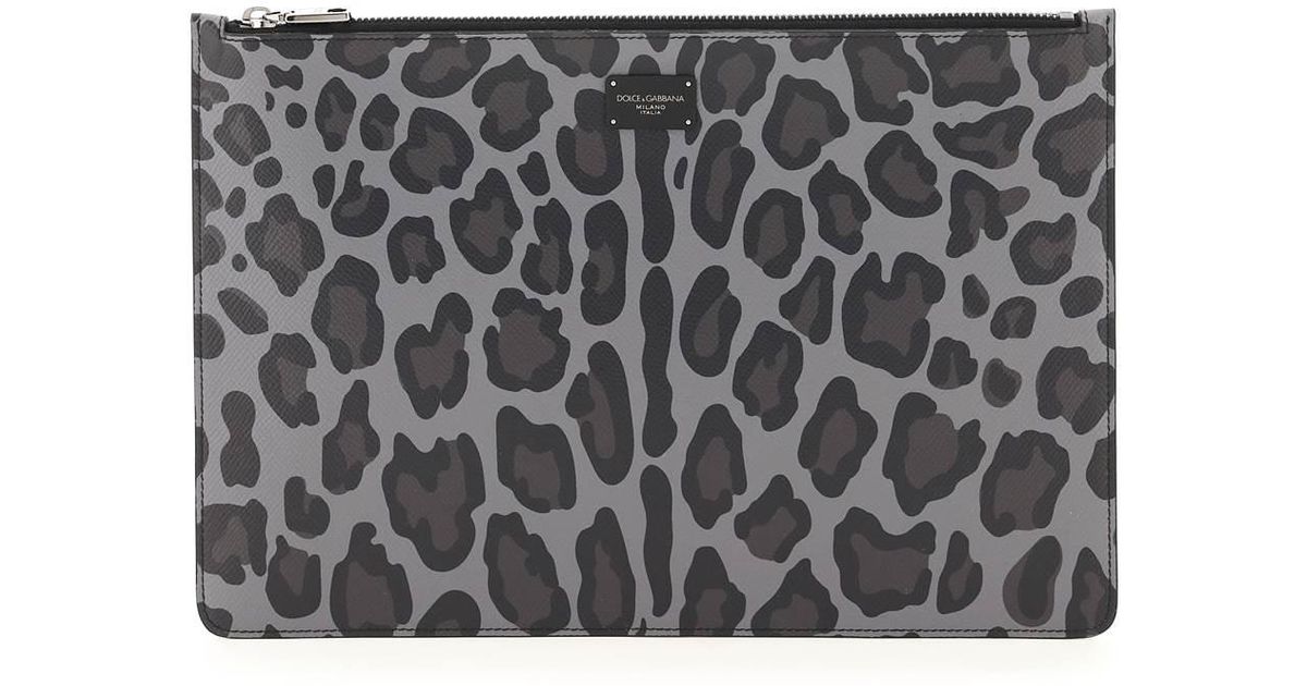 Dolce & Gabbana Leather Leopard Dauphine Pouch in Gray for Men - Lyst