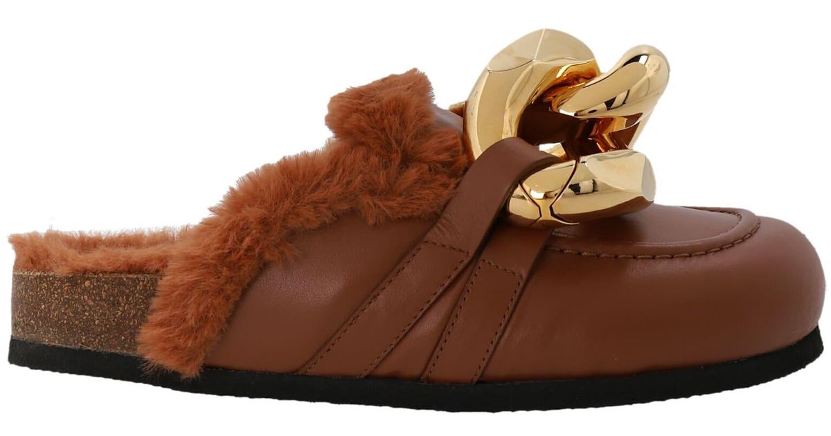 JW Anderson Chain Eco Fur Mules in Brown | Lyst
