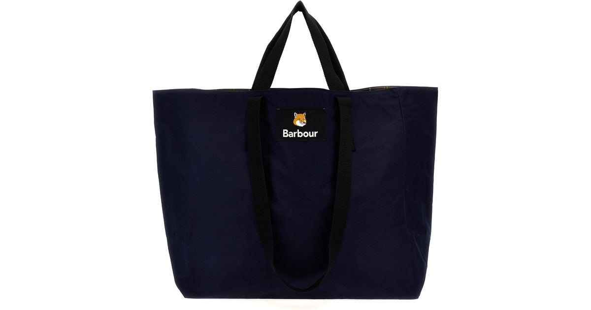 Barbour X Maison Kitsun Reversible Shopping Bag Tote Bag in Blue