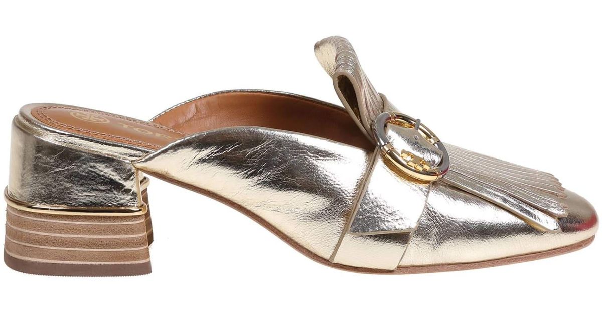 Tory Burch Mules Kiltie In Gold Metallic Leather Lyst