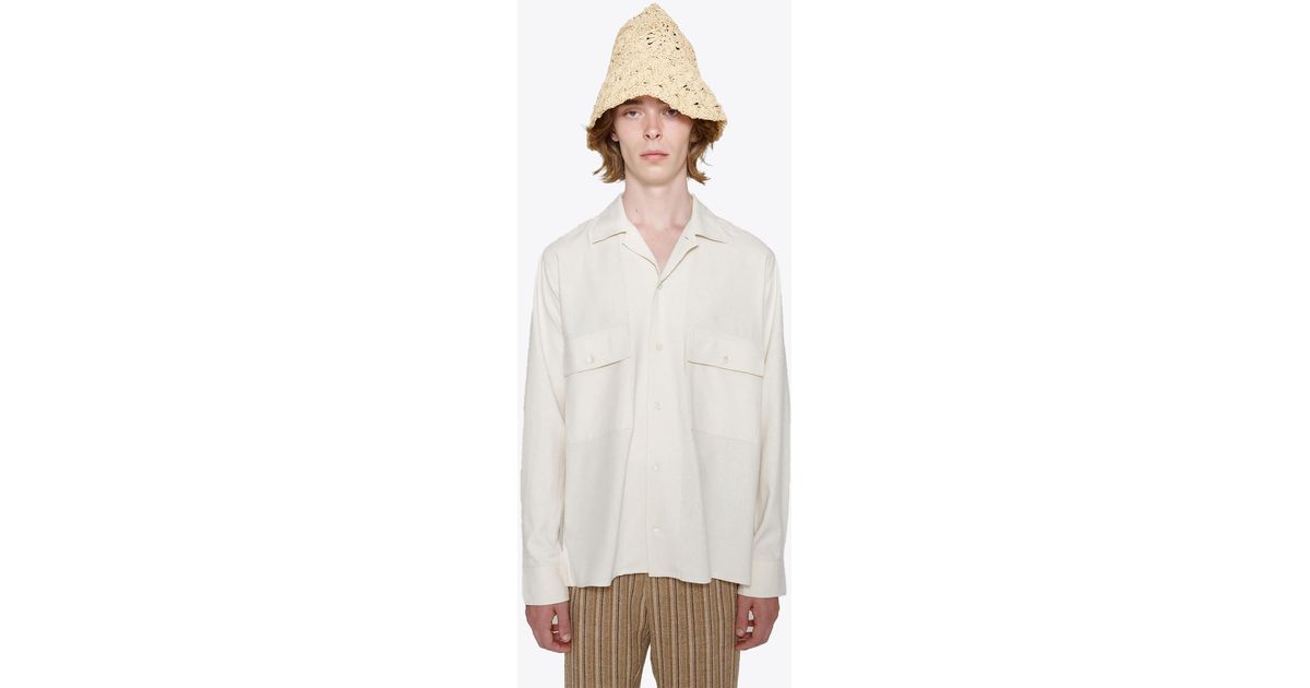 Cmmn Swdn Long Sleeve Camp Collar Shirt In Raw Silk Natural Raw Silk
