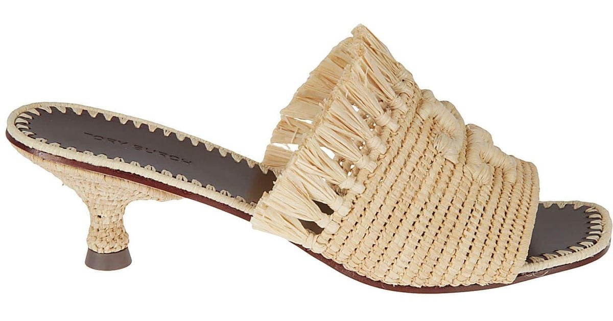 Tory Burch Eleanor Raffia Kitten Heel Sandals in Natural - Save 1% | Lyst