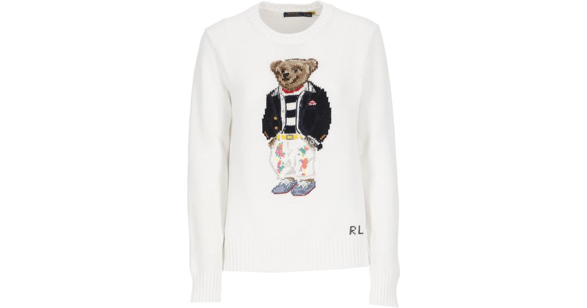 Ralph Lauren Cotton Teddy Bear Sweater in White | Lyst