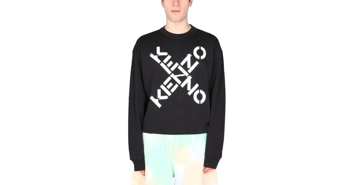 KENZO Cotton Sweatshirt With Logo Print in Nero (Black) for Men - Lyst