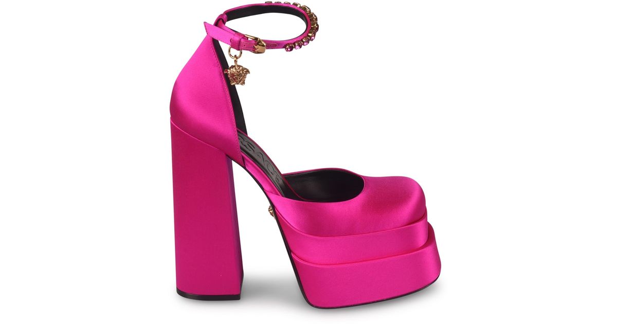 Versace Crystal Embellished Ankle Strap Block-heel Sandals in Pink | Lyst