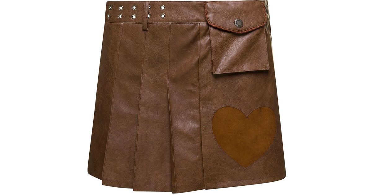 ANDERSSON BELL Arina Brown Pleated Mini Skirt With Heart And Patch ...