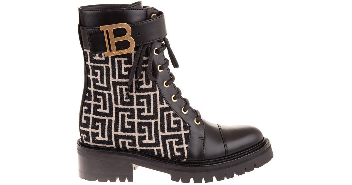 Balmain Leather Ranger Romy Ankle Boots In Black And Ivory Bicolor Jacquard - Lyst
